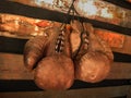 Boxing Gloves On The Wall. Old, Vintage Pair Of Leather Mittens Royalty Free Stock Photo