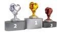 Boxing gold silver and bronze trophies with marble bases on a podium in infinite rotation