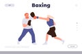 Boxing landing page design template with cartoon trainer teaching young woman boxer to fight