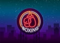 Boxing logo, neon sign emblem is isolated. Vector illustration on sport. The sign is lit, the bright night banner, the