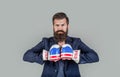 Boxing man USA. Businessman in Boxing gloves. Ready to business battle. Businessman in america boxing gloves Royalty Free Stock Photo