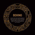 Boxing poster template. Vector sport training line icons, circle illustration of equipment - punchbag, boxer gloves