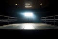 Boxing professional ring surrounded with ropes with a sportlights on a dark background.