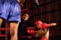 Boxing referee intervene, halting the fight to check fallen competitor. Impetus