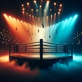 Boxing ring sits in dark arena with flood lights