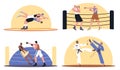 Boxing at ring. Professional athletes in sparring. Cartoon male wrestlers and boxers. Karate fight match. Sports