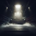 Boxing ring sits in dark arena with flood lights