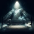 Boxing ring sits in dark arena with flood lights