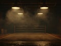 boxing ring stands shrouded in thick fog with overhead lights casting a dim glow creating a tense and electrifying Royalty Free Stock Photo