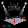 Boxing ring surrounded by spotlight on dark background with scoreboard