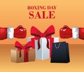 Boxing sale design with boxing gloves with gift boxes and shopping bag