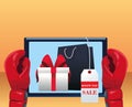 Boxing sale design with boxing gloves and tablet with gift box and shopping bag
