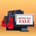 Boxing sale design with shopping bag, boxing gloves and computer