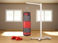 Boxing sandbag hanging on the chain inside a room. 3D illustration