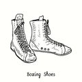 Boxing Shoes. Ink black and white drawing in woodcut style Royalty Free Stock Photo