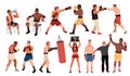 Boxing sparring. Cartoon fighters and opponents characters, training with punching bag, ring girl with round number
