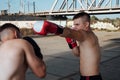 Boxing sparring. two boxers fighting in boxing gloves