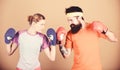 Boxing sport concept. Couple girl and hipster practicing boxing. Sport for everyone. Amateur boxing club. Equal Royalty Free Stock Photo