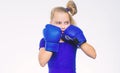Boxing sport for female. Be strong. Girl child with blue gloves posing on white background. Sport upbringing. Upbringing
