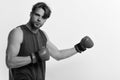 Boxing and sports concept. Athlete with leather box equipment Royalty Free Stock Photo
