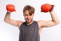 Boxing and sports concept. Athlete with leather box equipment Royalty Free Stock Photo
