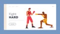 Boxing Sports on Ring Landing Page Template. Couple of Male Characters Sportsmen Boxers Punching and Exchange Blows Royalty Free Stock Photo