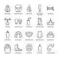 Boxing vector line icons. Punchbag, boxer gloves, ring, heavy bags, punching mitts. Sport training signs set, box