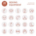 Boxing vector line icons. Punchbag, boxer gloves, ring, heavy bags, punching mitts. Sport training signs set, box