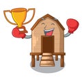 Boxing winner chicken in a wooden cartoon coop