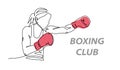 Boxing woman vector illustration. One continuous line art drawing of sporty boxing woman punching use red gloves