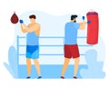 Boxing workout, exercise coaching, gym kick opponent, boxer active, people healthy, design, flat style vector