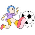 A boy in action dribbling soccer, doodle icon image kawaii