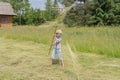 The boy actively turns the mown dry grass with a large rake Royalty Free Stock Photo