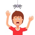 Boy afraid of a spider hanging from the top