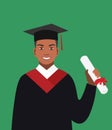Boy afro-american graduates in the mantle. Vector illustration in flat design.