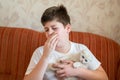 The boy is allergic to cat Royalty Free Stock Photo