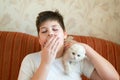 The boy is allergic to cat Royalty Free Stock Photo