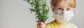 The boy is allergic to ragweed. In a medical mask, he holds a ragweed bush in his hands. Allergy to ambrosia concept Royalty Free Stock Photo
