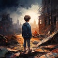 Boy alone among destroyed buildings, illustration