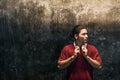 Boy Alone Standing Wall Earphone Concept Royalty Free Stock Photo