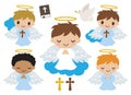 Little Boy Baptism Angels Praying and Holding Cross Vector Illustration. Royalty Free Stock Photo