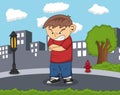 The boy is angry standing on the road with city background cartoon Royalty Free Stock Photo