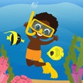 A boy aquadiver swims underwater with fish. Picture for children\'s puzzles. Cute baby in the underwater world.