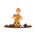 Boy archaeologist character digging pit with shovel