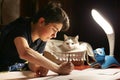 Boy architect student working on drafting project in night with cat in box beside