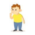 Boy asking for silence with finger pressed to his lips, cartoon character design. Flat vector illustration, isolated on