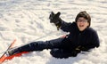 Boy asks for help after the fall on skis