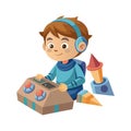 Boy Astronaut Operating Control Panel Next to Rocket on White Background Graphic Illustration Royalty Free Stock Photo
