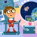 Boy astronaut on space station. Characters in cartoon style with background. Vector full color illustration. Royalty Free Stock Photo