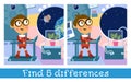 Boy astronaut on space station. Characters in cartoon style. Find 5 differences. Game for children. Vector full color Royalty Free Stock Photo